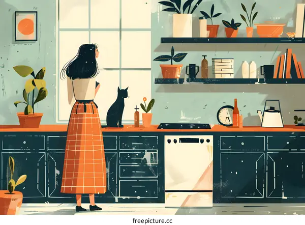 A woman standing in a kitchen looking out the window with a cat on the counter