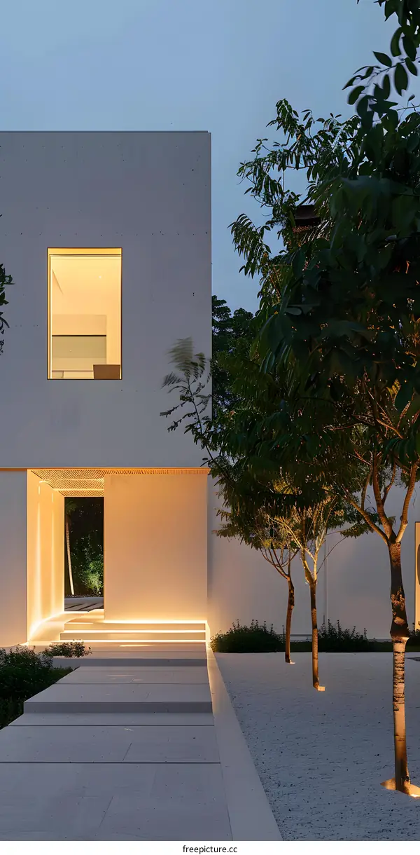 Minimalist Modern House Exterior with White Walls and Stone Pathway