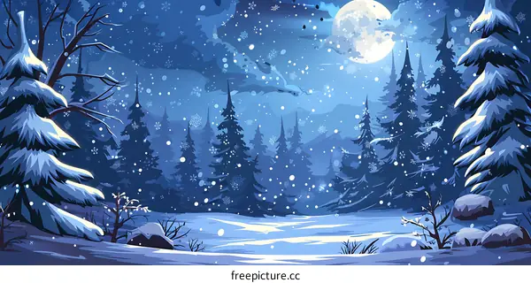 Snowy Winter Night Forest Landscape Illustration