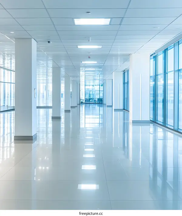 Modern Empty Office Hallway with White Walls and Large Windows