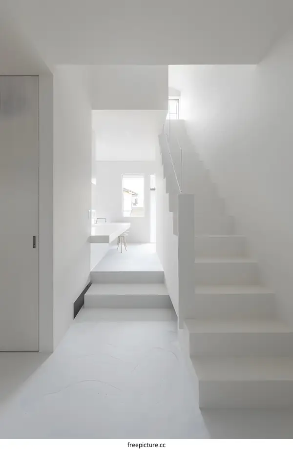 Modern Minimalist White Interior Design with Staircase and Kitchen Counter