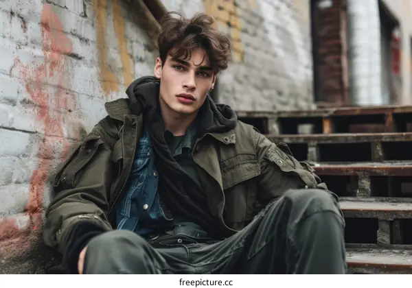 A young man with long brown hair and blue eyes sits on the steps outside of a building.