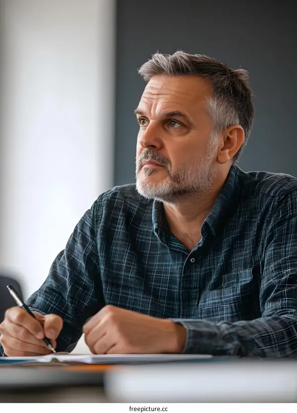 Mature Caucasian Man Thinking Deeply While Taking Notes