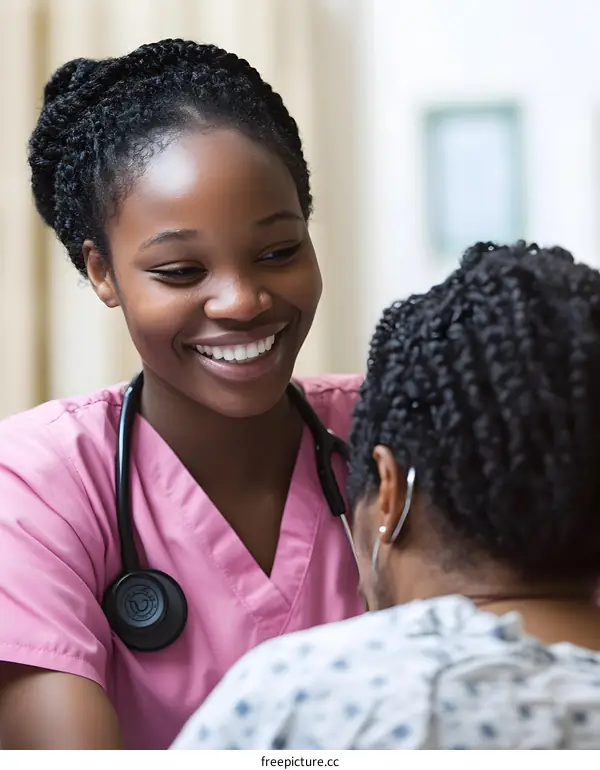 Smiling Nurse Caring for Patient in Hospital Room