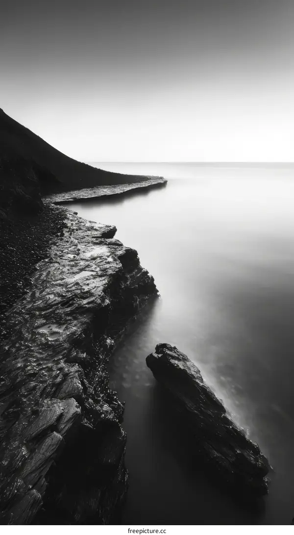 Black and white seascape with rocks in foreground