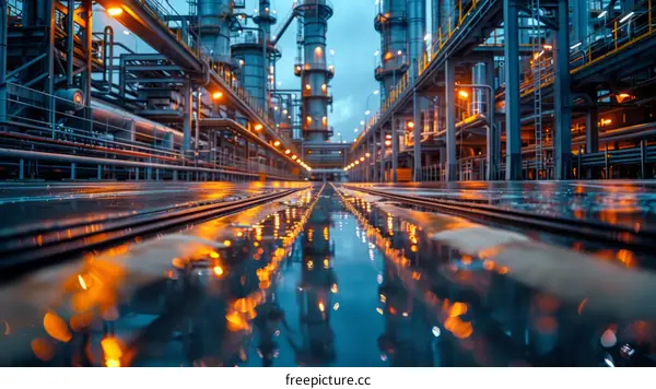 Oil Refinery at Night in the Rain