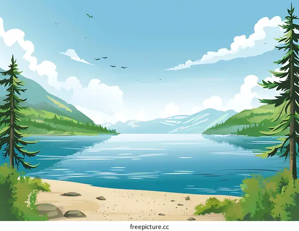 Mountain Lake Scenic Illustration