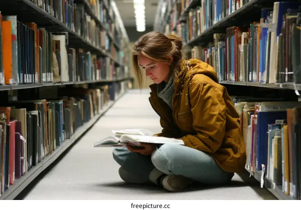 Student Reading in a Library Filled with Books
