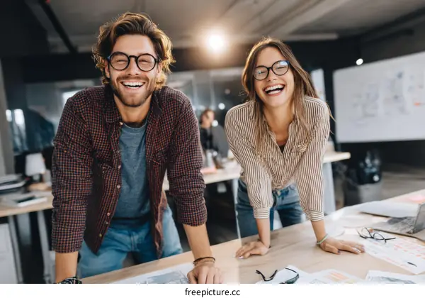 Two Happy Colleagues in a Modern Office