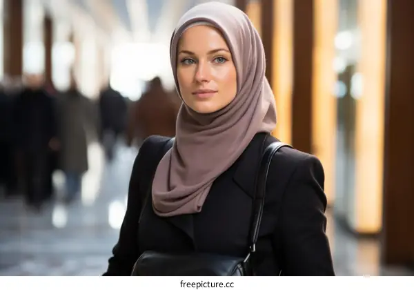 A young woman wearing a head scarf is looking at the camera.