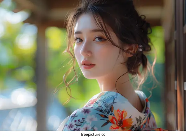 Asian Woman in Traditional Japanese Kimono Outdoors