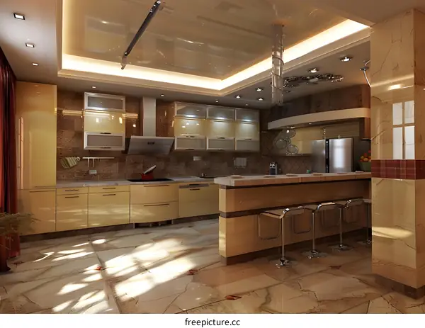 Modern Kitchen Design With Beige Cabinets And Island
