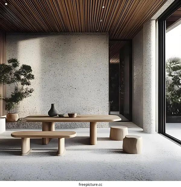 Minimalist Modern Interior Design With Wooden Table And Benches