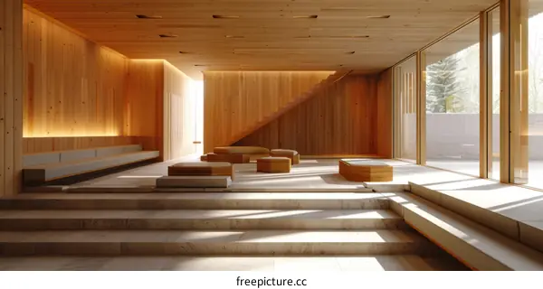 Bright wooden interior with staircase and large windows