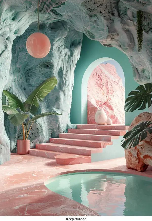 Pink and Teal Cave-Like Pool Interior Design