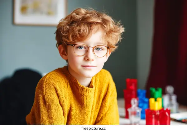 A young red-haired boy wearing glasses sitting at a table with colorful building blocks