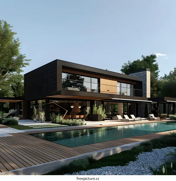 Modern Black House with Swimming Pool and Landscaping