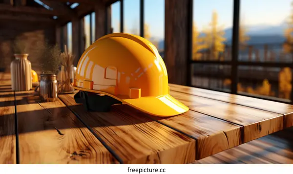 Yellow Hard Hat on a Wooden Table with House in Background