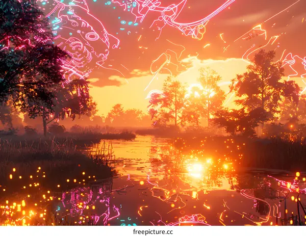 fantasy forest landscape with glowing particles and a setting sun