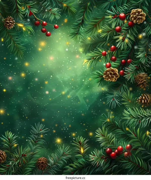 Christmas background with fir branches, cones and berries