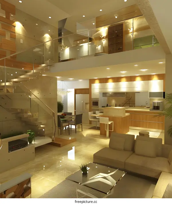 Modern Open Concept Living Room With Glass Railing Staircase