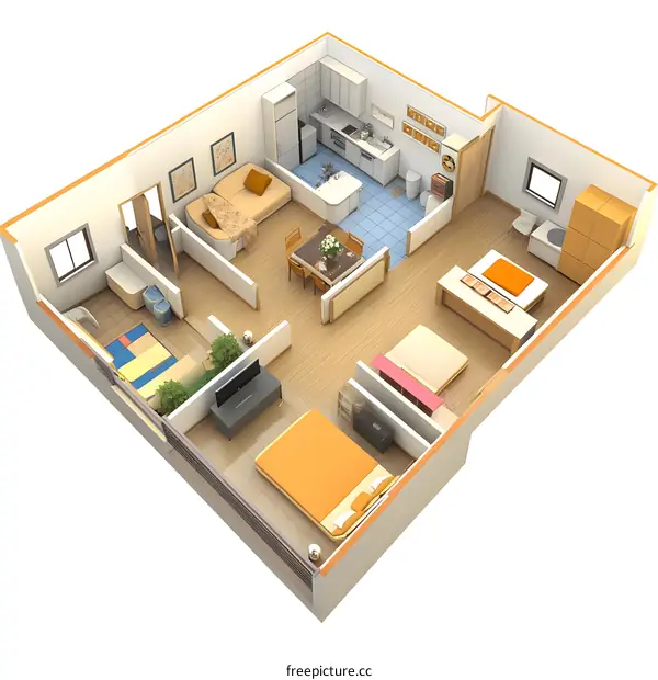 3D Illustration of a Small Apartment Floor Plan