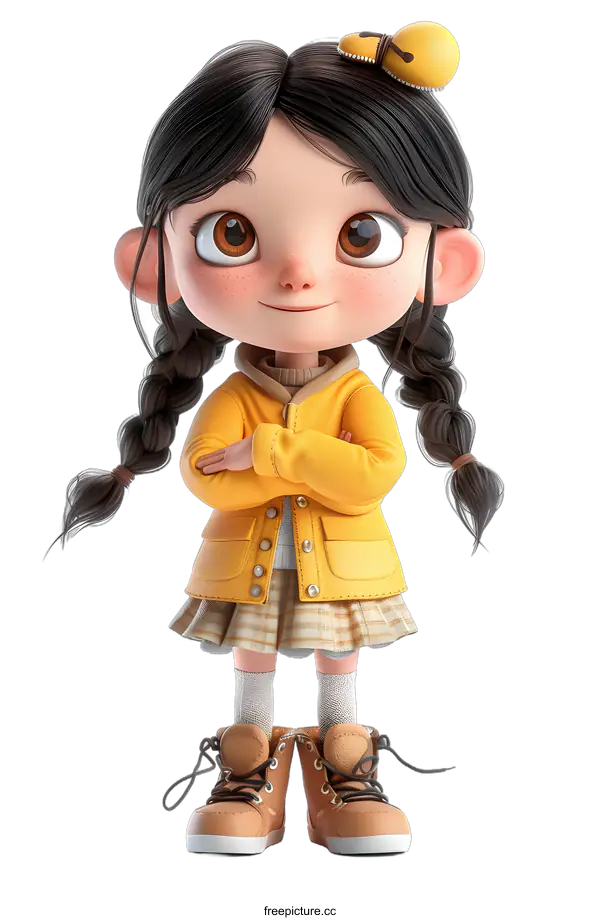 [Transparent Background PNG]Cute Cartoon Girl With Yellow Jacket and Brown Boots
