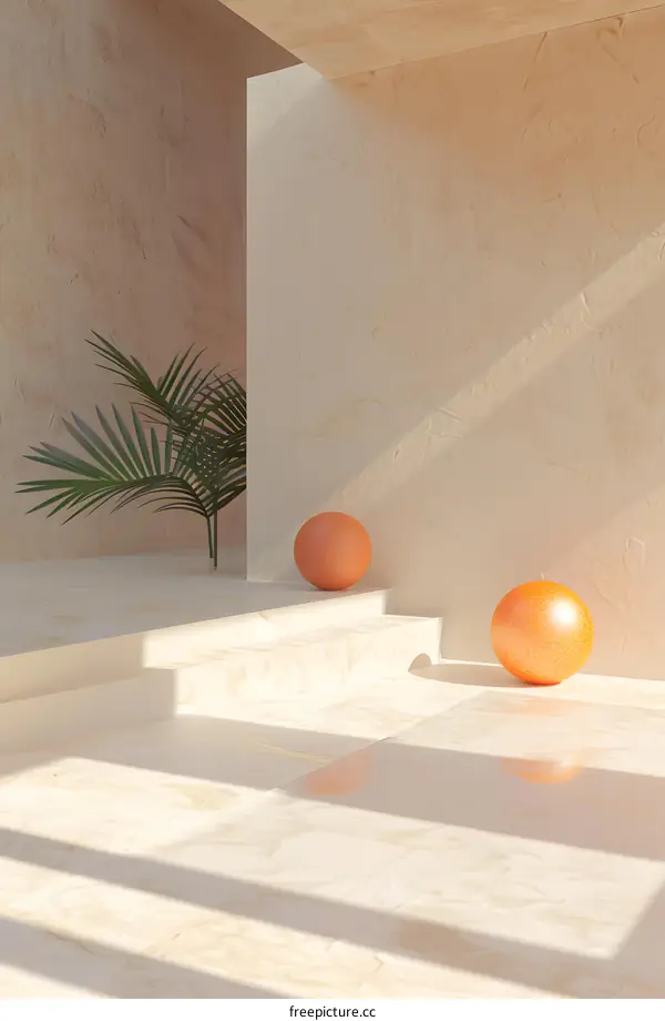 Minimalist 3D Rendering Of A White Room With Orange Spheres