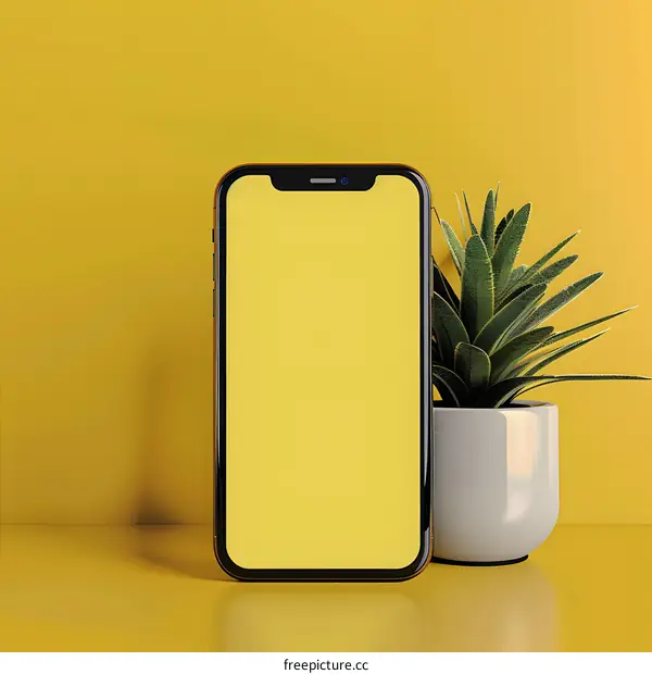 Minimalist Phone Mockup With Yellow Background and Plant