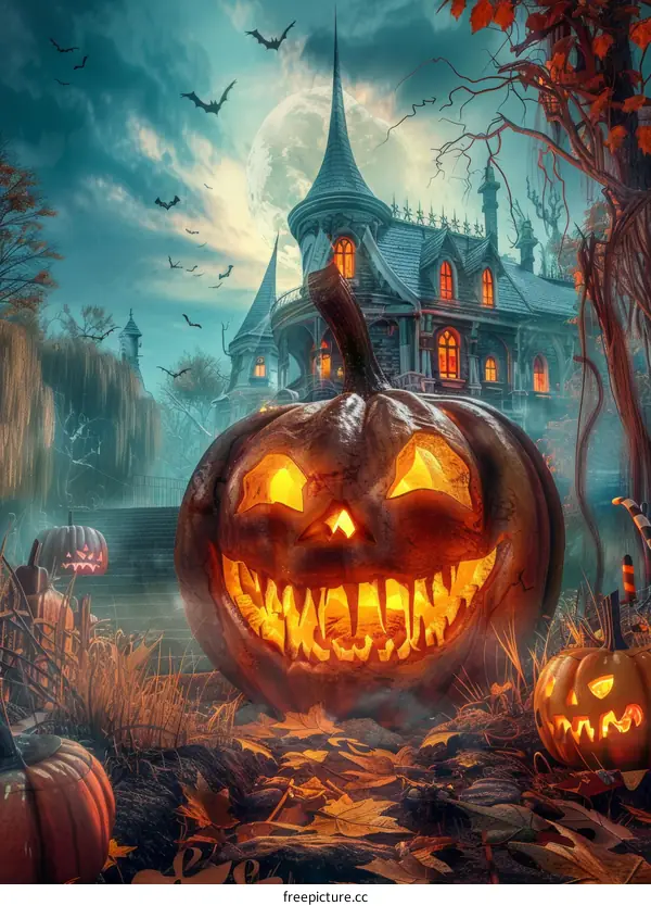 Haunted House with Glowing Pumpkins on Halloween Night