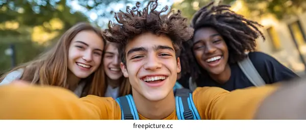 Happy Group of Diverse Friends Taking a Selfie Together