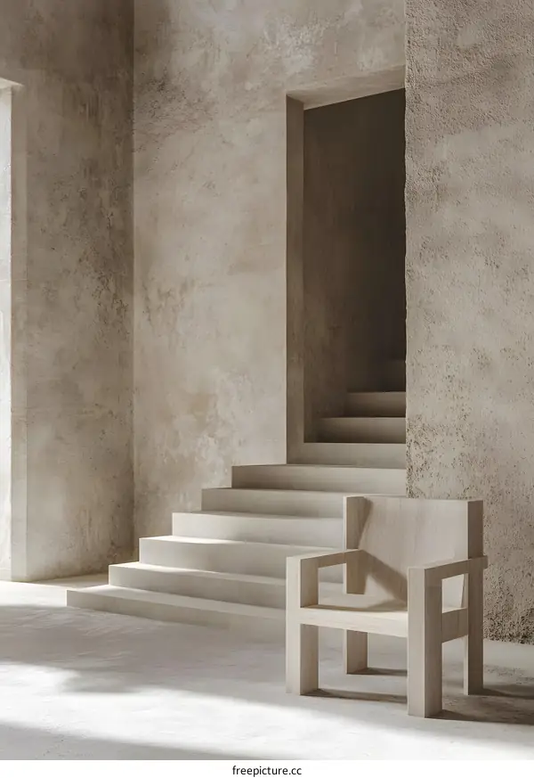Minimalist Interior Design with Concrete Walls and Wooden Chair