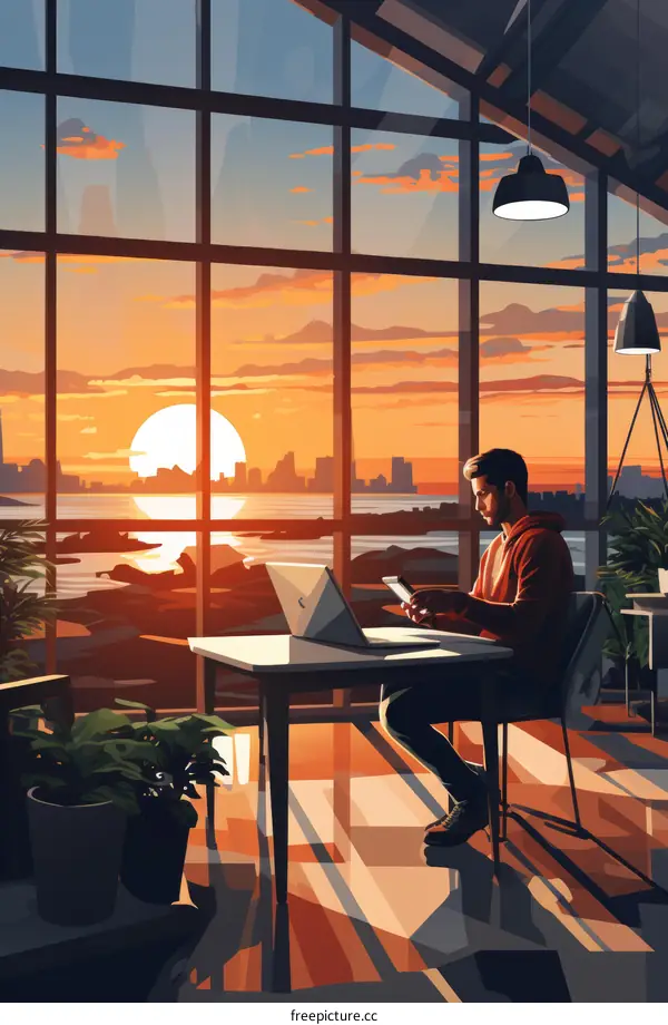 Man working on laptop in home office at sunset