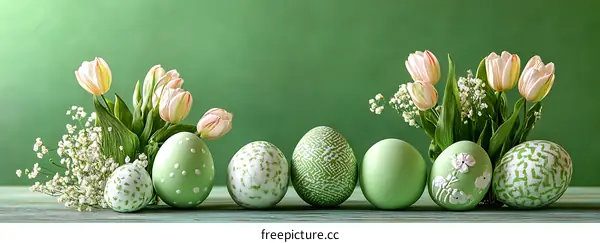 Easter Eggs and Tulips in Green