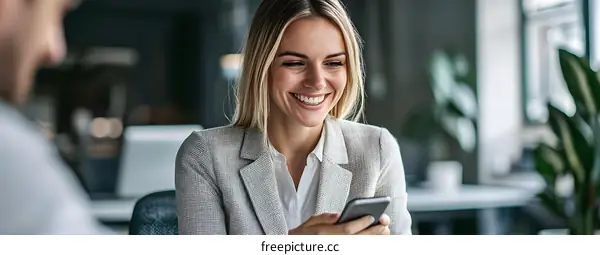Smiling Businesswoman Using Smartphone in Office