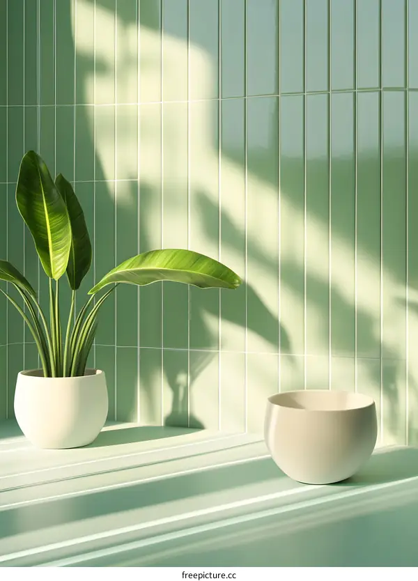 Green Tile Wall With Plant And Bowl