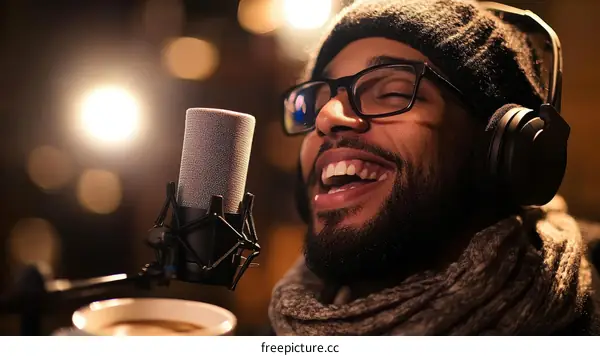 Man Singing Into Microphone in Recording Studio