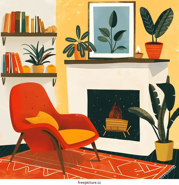 Cozy Living Room with Fireplace and Plants