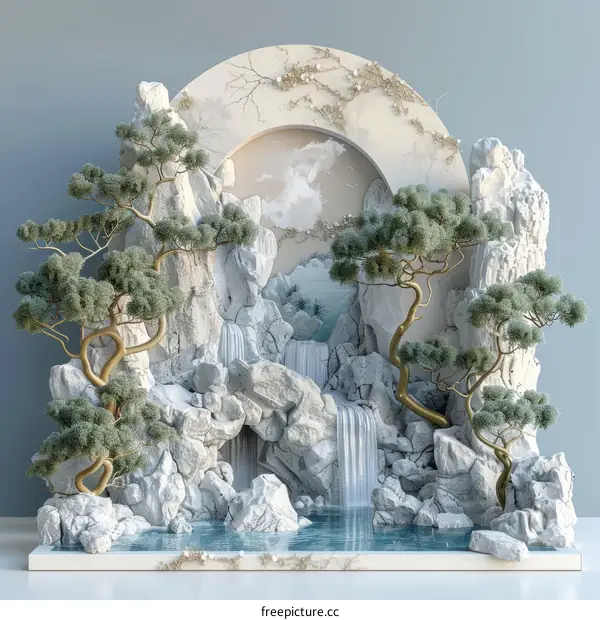 3D Artistic Landscape Scene with Waterfall and Trees