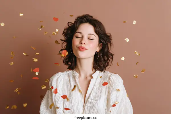 Woman Celebrating with Confetti in White Blouse