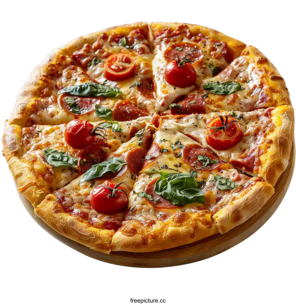[Transparent Background PNG]Delicious pizza with salami cheese and tomatoes on a black background