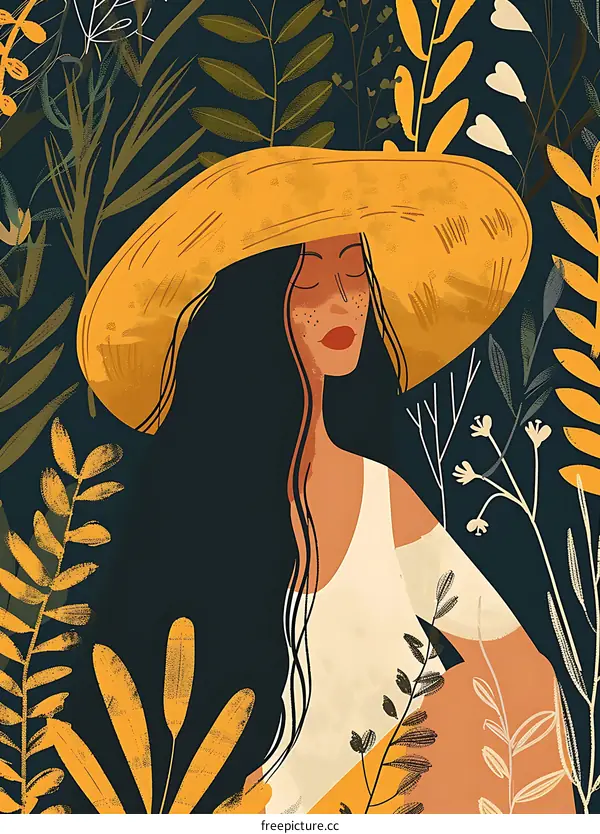 Woman with Hat in Flower Garden Illustration