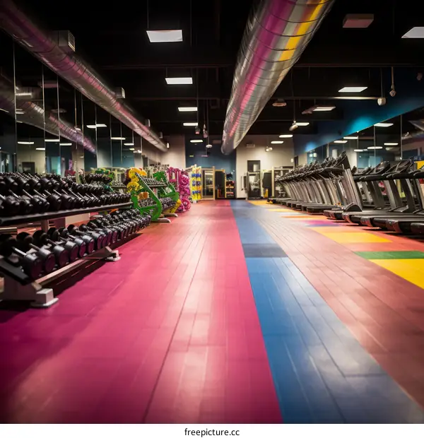 Modern colorful gym interior with treadmills and dumbbells