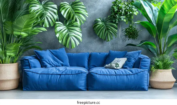 Modern Tropical Living Room with Blue Sofa