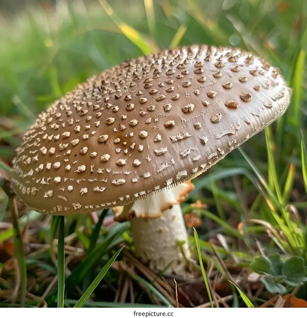 Brown Mushroom with White Stalk Growing in Grass
