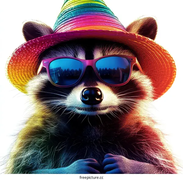 Cool Raccoon in a Rainbow Hat and Sunglasses
