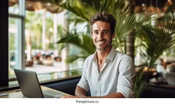 Confident male professional working on laptop in a modern office