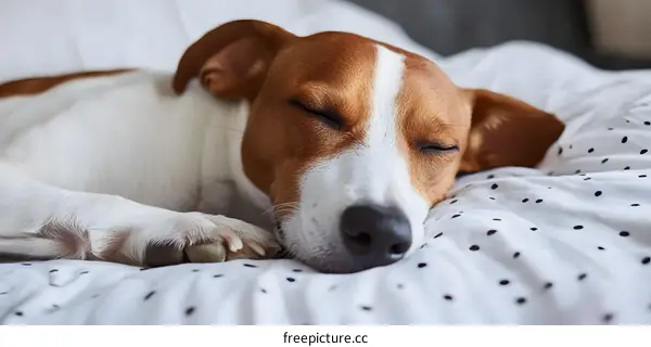 Sleeping Dog on a White Bed with Black Polka Dots