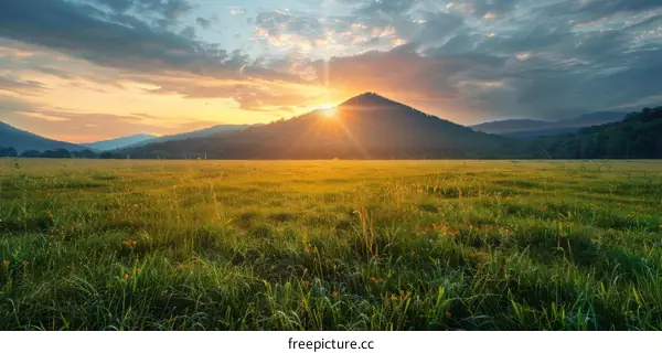 Sunset Over Grassy Field