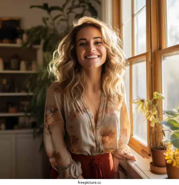 Portrait of a smiling young woman standing by a window